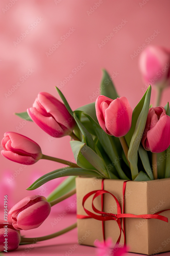 Flower background, creative concept. International Women’s Day, Mother’s Day beautiful spring floral greeting card. Bright image with blooming pink tulip flowers, natural beauty.