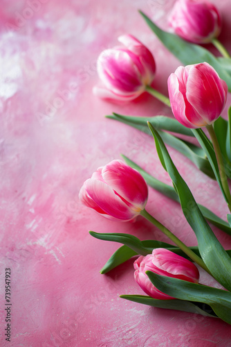 Pink tulips flowers on a pink background. International Women’s Day, Mother’s Day beautiful spring floral greeting card. Bright image with blooming pink tulip flowers, natural beauty.