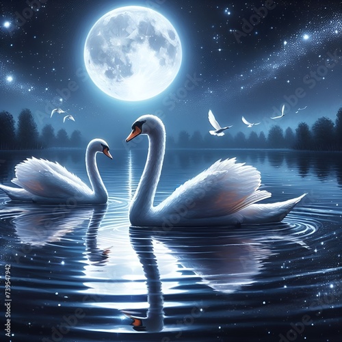 Fototapeta Naklejka Na Ścianę i Meble -  A picture of two swans in the pond, at night. of two swans forming a heart shape on a serene lake. Creating a romantic scene suitable for use in love-themed art and wed