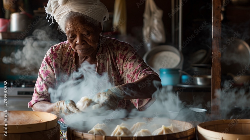 old asian grandma cocking dumplings for family 