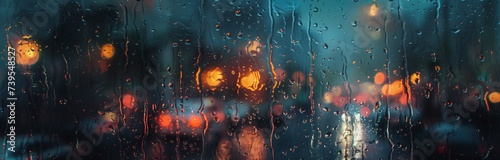 bokeh car lights in heavy rain seen from the window in the city photo