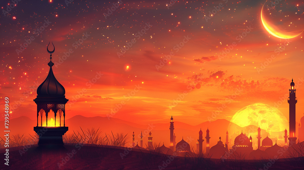 Ramadan card kopi space beautiful sunset and mosque with place for text