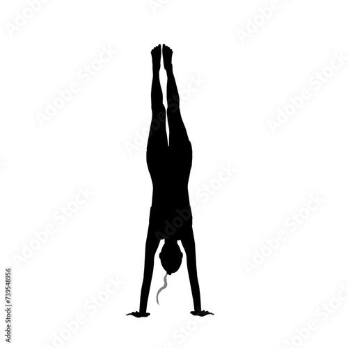 This illustration features a black silhouette of a girl performing a handstand on a white background. It captures the elegance and strength of gymnastics and acrobatics. The image exudes grace, balanc