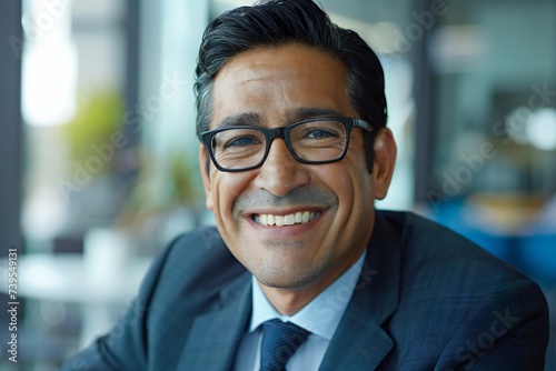 Smiling 45 years old mexican american banker, happy middle aged business man bank manager, mid adult professional businessman ceo executive in office, older mature entrepreneur wearing glasses, headsh © JAYDESIGNZ