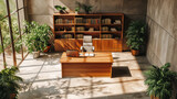 Sunny office interior with wooden desk and bookshelf, surrounded by plants. Tranquility and study concept. Generative AI
