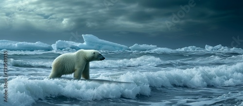 Majestic polar bear standing in tranquil water under a dramatic cloudy sky © TheWaterMeloonProjec