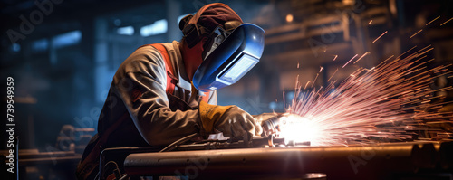 Woman welder in protective workwear in industrial factory. © Alena