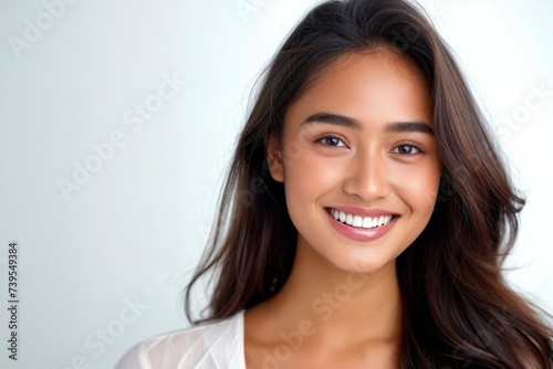 Portrait of a radiant young asian indian woman with a beautiful smile, ideal for dental health promotions