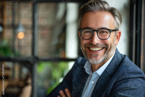 Smiling 45 years old banker, happy middle aged business man bank manager, mid adult professional businessman ceo executive in office, older mature entrepreneur wearing glasses, headshot portrait photo