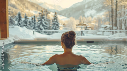 A woman enjoys a warm outdoor spa pool with steam floating above the water on a winter day, surrounded by snow-covered mountains. Ai generative