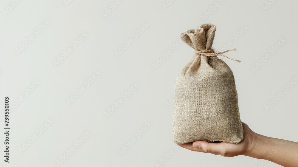 Women hand hold a money bag with clipping path and copy space on white background, a loan or saving money for future investment concept Women hand hold a money bag with clipping path and copy space on white background, a loan or saving money for future investment concept