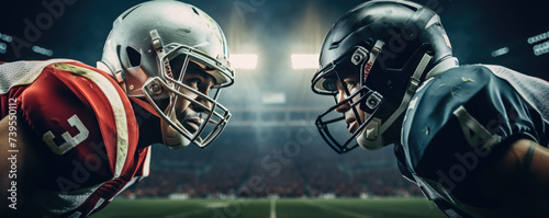 Two american football players with helmets standing opposite.