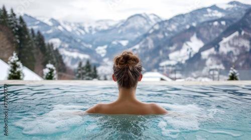 A woman enjoys a steaming hot bath in a spa pool with a scenic view of a snowy mountain in the background. Ai generative