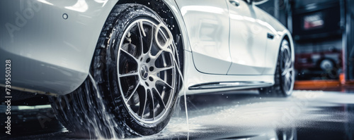 Sport car in white color covered with shampoo. Cleaning cars detail on wheel.