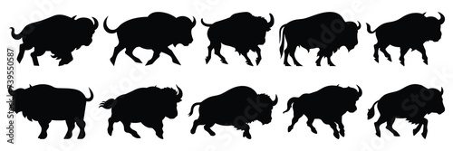 Bison buffalo silhouettes set, large pack of vector silhouette design, isolated white background