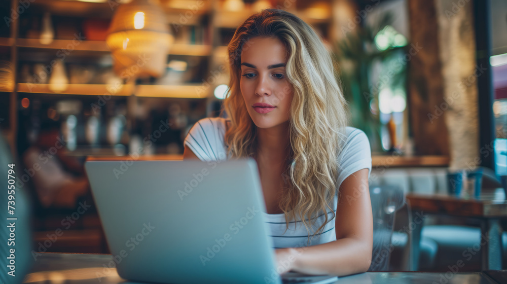 Blonde woman working intently on laptop in a well-lit cafe environment. Productivity concept. Generative AI Blonde woman working intently on laptop in a well-lit cafe environment. Productivity concept. Generative AI