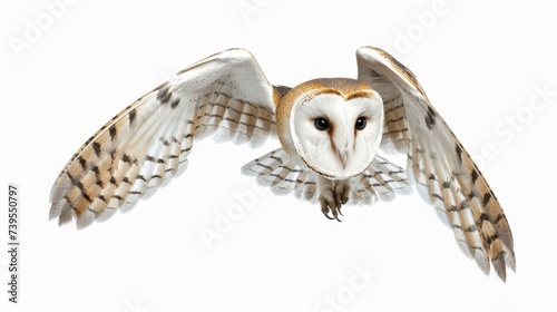 Barn Owl, Tyto alba, 4 months old, flying against white background photo