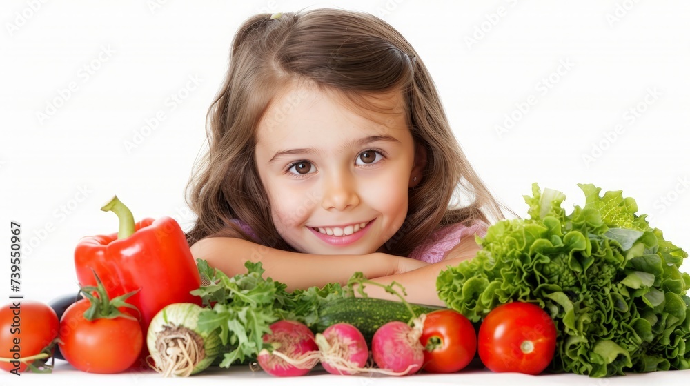 beautiful little girl with vegetables on a white background beautiful little girl with vegetables on a white background
