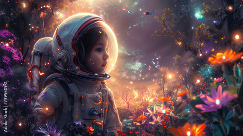 Child in spacesuit in magical garden on planet, kid and luminous flowers in space. Little girl in fantasy fairy tale forest with lights. Concept of travel, beauty, world, nature