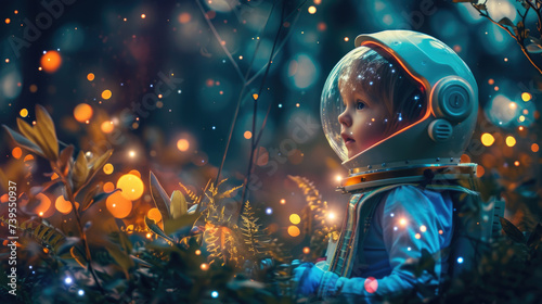 Child in spacesuit in magical forest on planet, kid and luminous plants in space. Little girl in fantasy fairy tale woods with lights. Concept of travel, world, nature, adventure