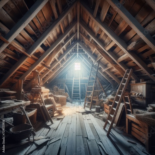 Mess in the attic of the house. photo