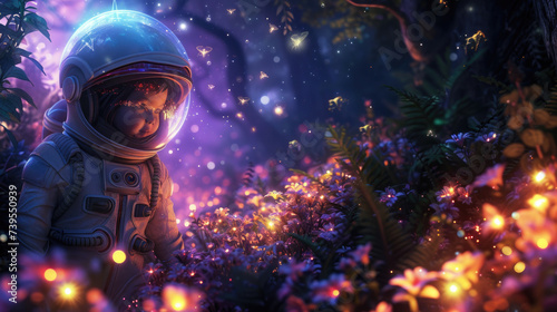 Happy child in spacesuit in magical forest on planet, surprised toddler and glowing flowers in space. Fairy tale woods with lights at night. Concept of travel, world, nature, adventure