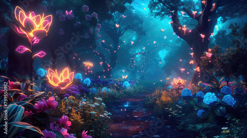 Dark fairy tale forest with luminous flowers, mystery path in magical woods, neon glowing plants and lights in wonderland. Concept of fantasy night, beauty, nature, landscape, art