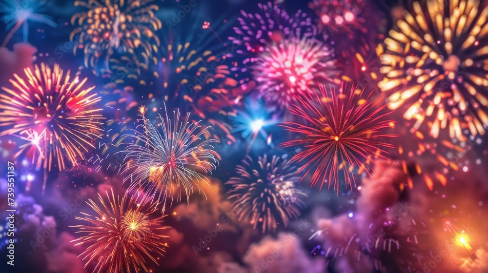 Naklejka premium Brightly Colorful Fireworks on twilight background