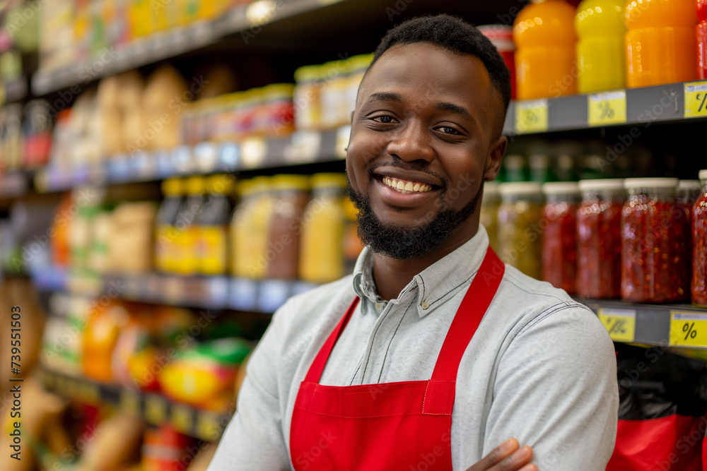 Portrait of a smiling beautiful african male salesperson in a supermarket wearing a red apron against the background of a shelf store. Generative AI Portrait of a smiling beautiful african male salesperson in a supermarket wearing a red apron against the background of a shelf store. Generative AI