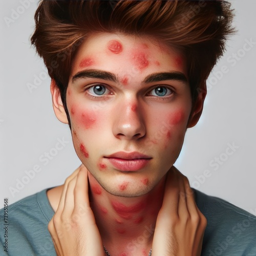 A young guy with red spots on his face.