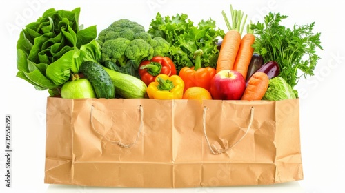 Delivery healthy food background. Vegan vegetarian food in paper bag vegetables and fruits on white, copy space,