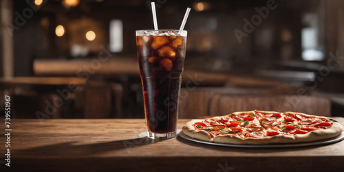 Glass of soft drink and pizza on the table. Generative Ai
