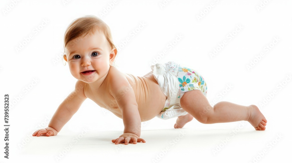 Infant child baby girl in diaper crawling happy looking at the camera isolated on a white background Infant child baby girl in diaper crawling happy looking at the camera isolated on a white background