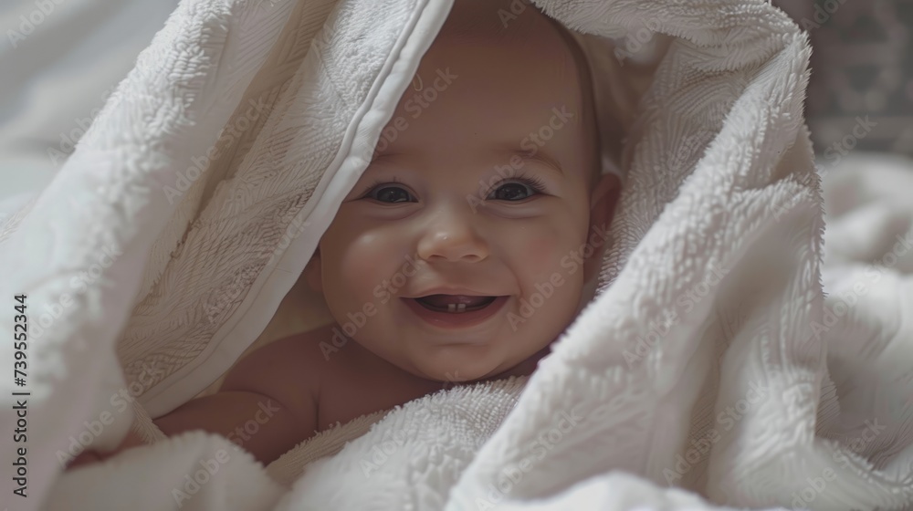 Little baby smiling under a white towel Little baby smiling under a white towel