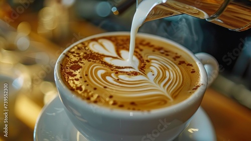 Expert Barista Creating Latte Art in a Bustling Coffee Shop Generative AI