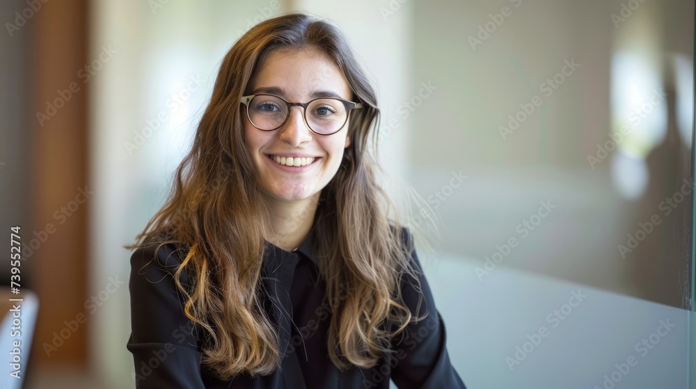 Portrait of smiling pretty young business woman in glasses sitting on workplace Portrait of smiling pretty young business woman in glasses sitting on workplace