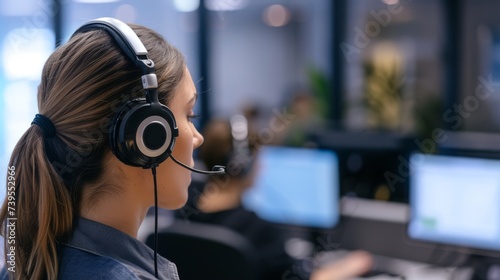 Young female professional with a headset in a tech environment, perfect for customer service and support themes.