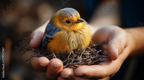 Un oiseau blessé, sauvé par des enfants, inspire la protection de la nature. Leur geste humble devient un symbole de préservation. photo