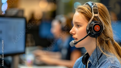 Young female professional with a headset in a tech environment, perfect for customer service and support themes.