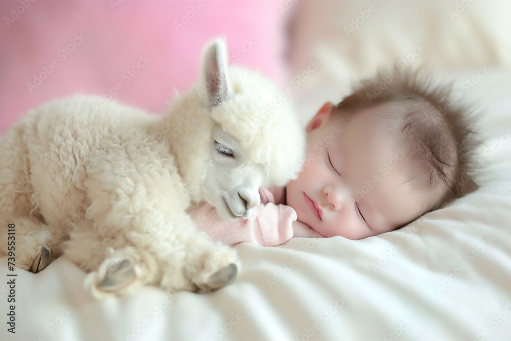 an adorable baby is sleeping next to a small white alpaca. A very cute setting used for infant and animal bonds and babies.