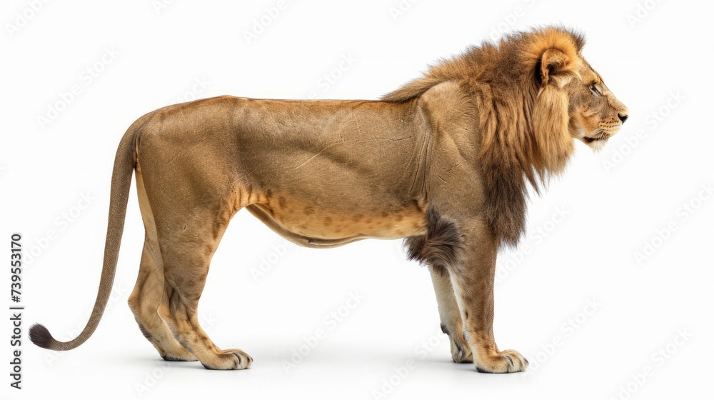 Obraz premium Side view of a Lion standing, Panthera Leo, 10 years old, isolated on white