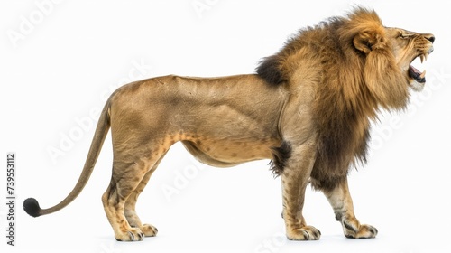 Side view of a Lion roaring, standing, Panthera Leo, 10 years old, isolated on white