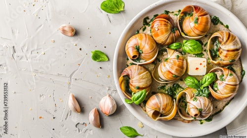 A top view of escargots in shells, garnished with herbs, on ice, with parsley and spices around. Suitable for culinary themes and restaurant menus.