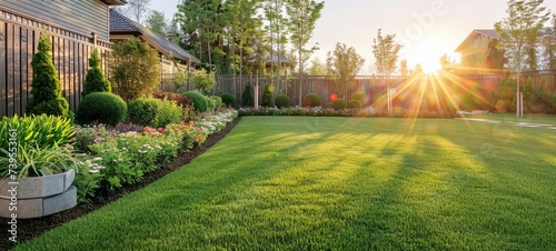 Manicured garden at sunset with lush green lawn and colorful flower beds, ideal for real estate, landscaping, and gardening.