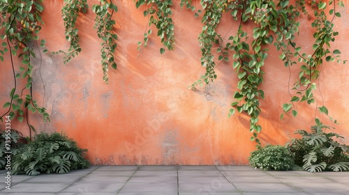 A Symphony of Green and Orange: Embracing Sustainability with Ivy Vines Adorning Vibrant Urban Walls in an Eco-Conscious Design