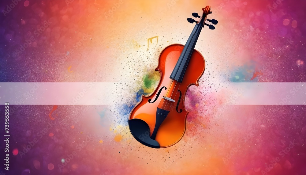 World music day banner with violin on abstract colorful dust background. Music day event and musical instruments colorful design.