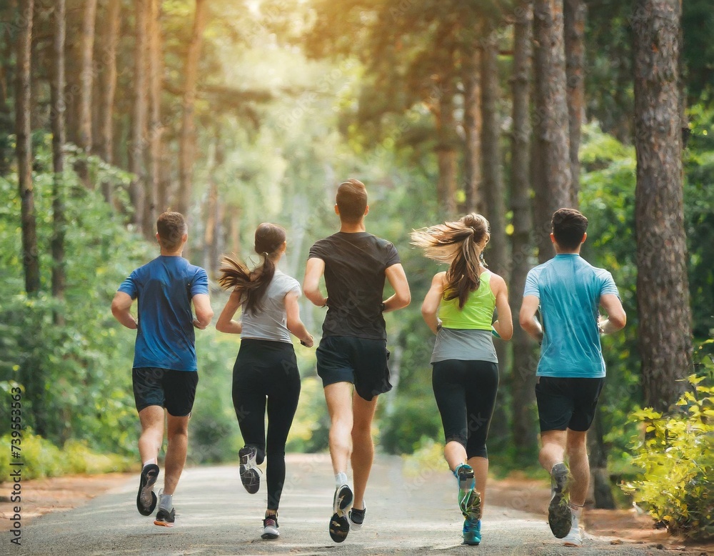 group of friends running and jogging in the forest and park. concept for healthy lifestyle in marathon training group of friends running and jogging in the forest and park. concept for healthy lifestyle in marathon training