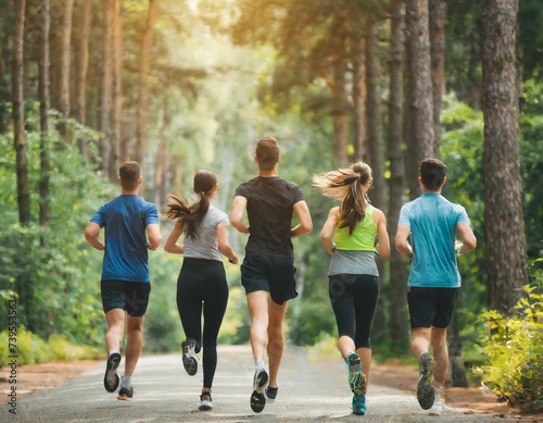 group of friends running and jogging in the forest and park. concept for healthy lifestyle in marathon training