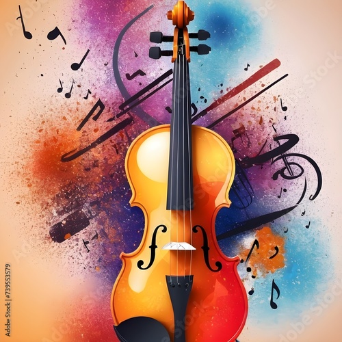 World music day banner with violin on abstract colorful dust background. Music day event and musical instruments colorful design.