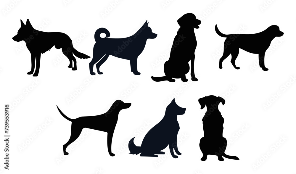 Set of silhouettes of dogs, domestic animal cartoon in different shapes 